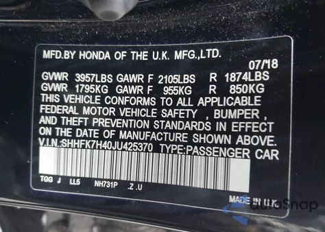 2018 Honda Civic Sport z USA, uszkodzony, nr VIN SHHFK7H40JU425370